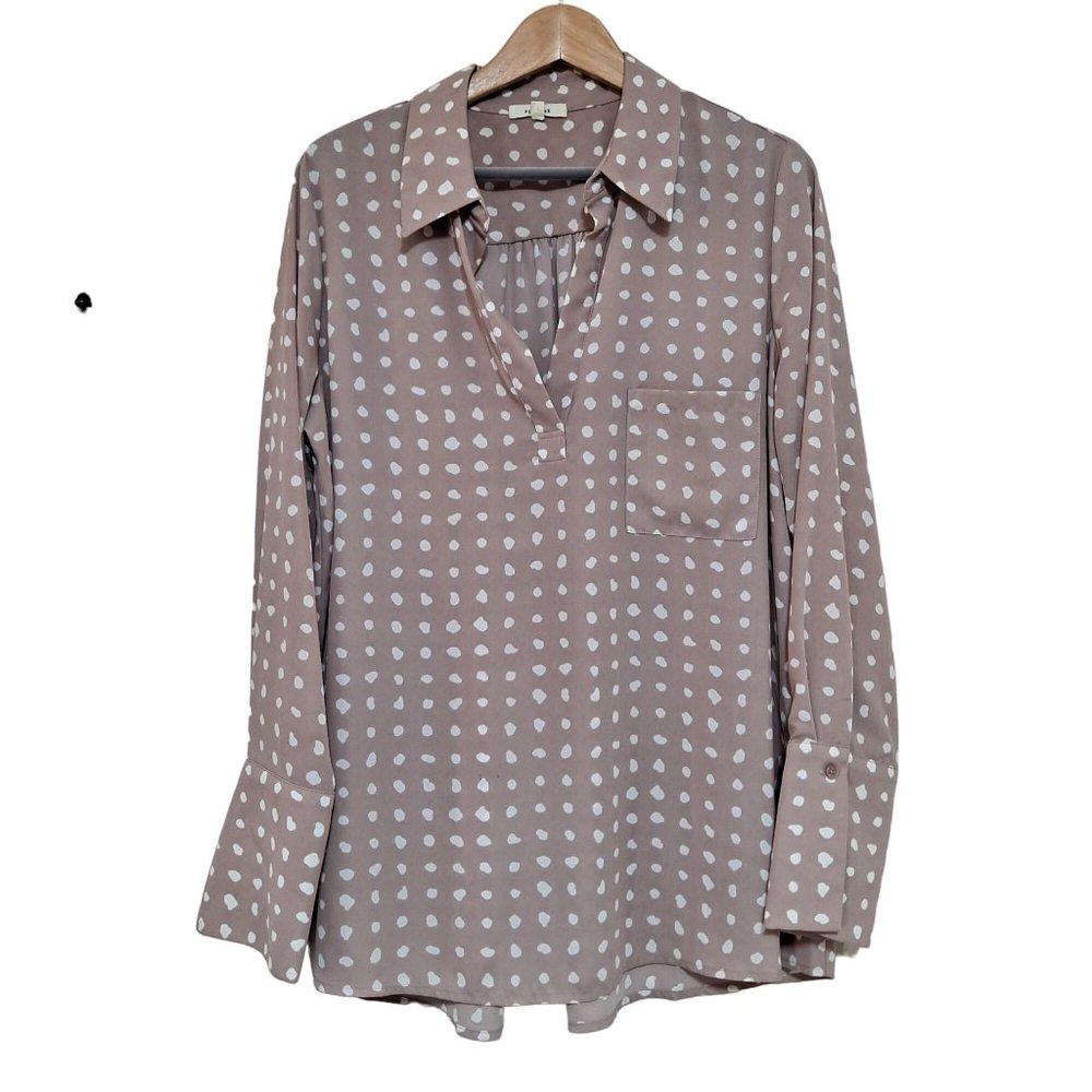 Anthropologie Pleione Blouse Women Large Pink Long Sleeve Vneck Dots Office Wear